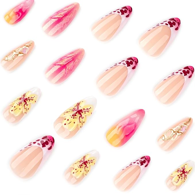 24Pcs Almond Press on Nails Medium French Tips Fake Nails Gilding 3D Flower False Nails with Designs Cute Leopard Pink Glue on Nails Full Cover Artificial Stick on Nails for Women DIY Manicure