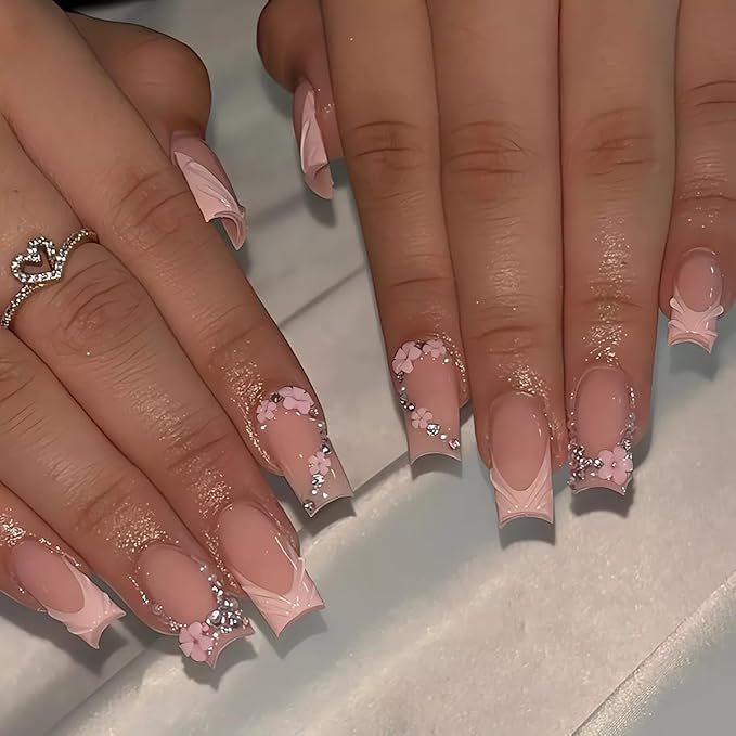 3D Press on Nails Long Square Fake Nails with Rhinestone Accents and Floral Designs Glossy Pink French Tip Glue on Nails Spring Flower Stick on Nails for Women Girls, 24 Pcs