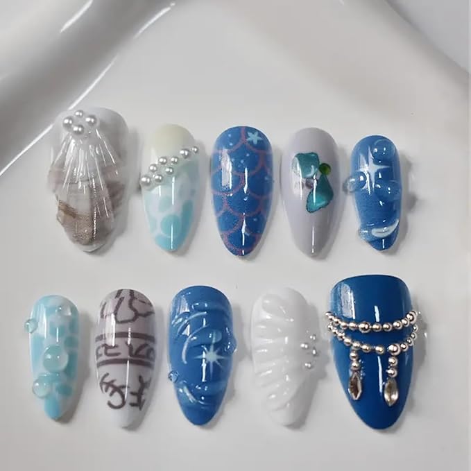 10Pcs Summer Beach Press on Nails Medium Almond Blue Fake Nails Shell with Pearl Rhinestones Glitter Full Cover Glue on Nail Artificial Reusable Ocean False Nails for Women Acrylic Manicure Salon Tips