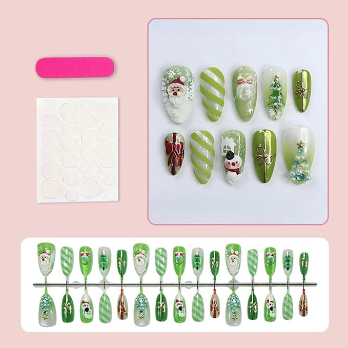 30Pcs Christmas Press on Nails Medium Almond Fake Nails Winter Acrylic Nails Snowman Santa Designs Green Christmas False Nails Snowflake Xmas Tree with Rhinestones Full Cover Stick on Nail for Women
