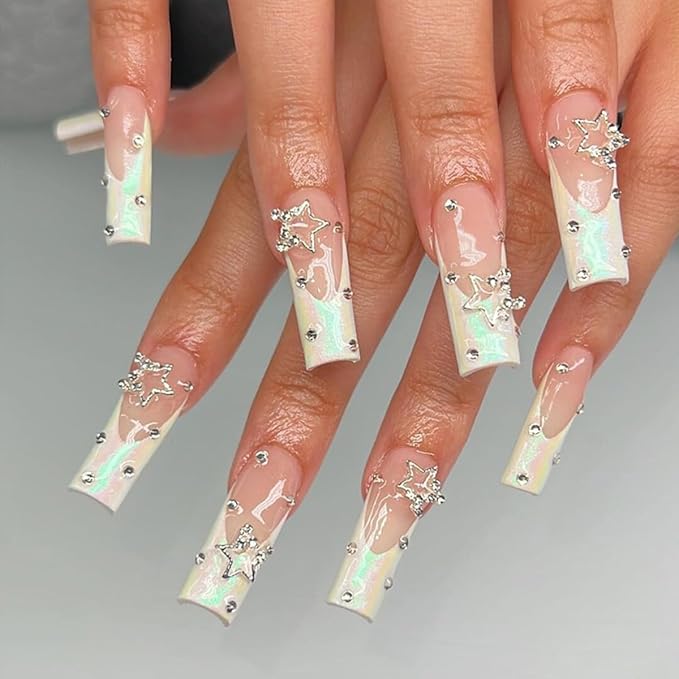 24Pcs Square Acrylic False Coffin Nails with Rhinestones Star Charms Design - White Full Cover Glue on Nails for Women