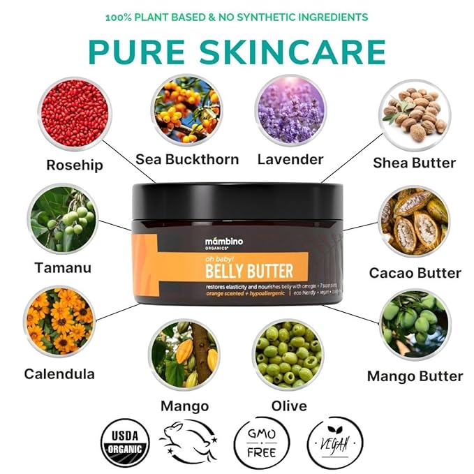 Mambino Organics Oh Baby! Belly Butter, Belly Cream with Shea Butter for Pregnancy, Minimizes Stretch Marks, Vegan, Cruelty-Free, Maternity Skin Care, 2.5 fl oz