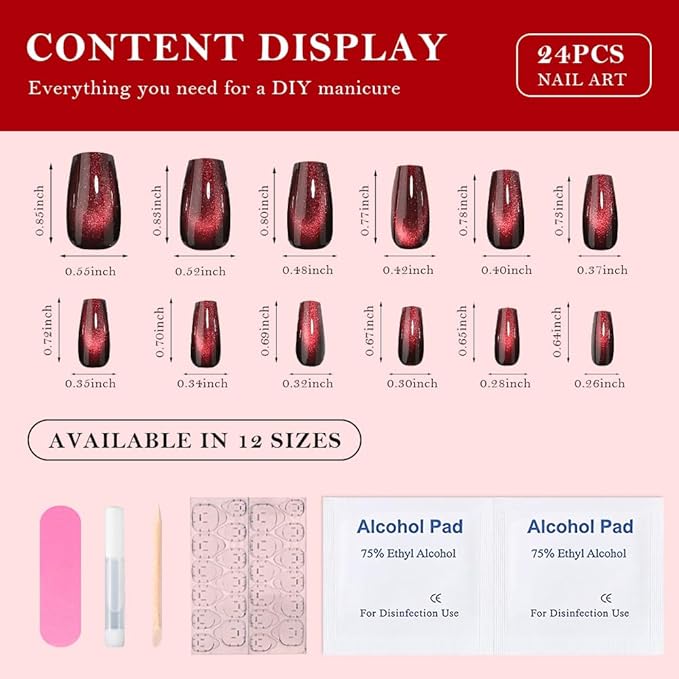 evpct Deep Burgundy Red Cat Eye Press on Nails Square Medium Coffin, Medium Square Glue on Nails for Women Gift, Dark Red Metallic Glitter Glossy Reusable Spring Summer Gel Press on Acrylic Fake Nail