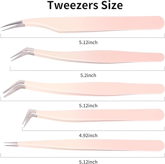 5 Pcs Lash Extension Tweezers, Lash Tweezers for Eyelash Extension, Straight and Curved Eyelash Tweezers, For Professional Eyelash Extension Artists, Girls, Women, Beginners