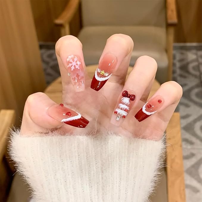 10Pcs Christmas Press on Nails Long Coffin French Tip Fake Nails with Red Bow Rhinestones Design Winter Snowflake False Nails Reusable Glossy Full Cover Acrylic Nails Handmade Stick on Nail for Women