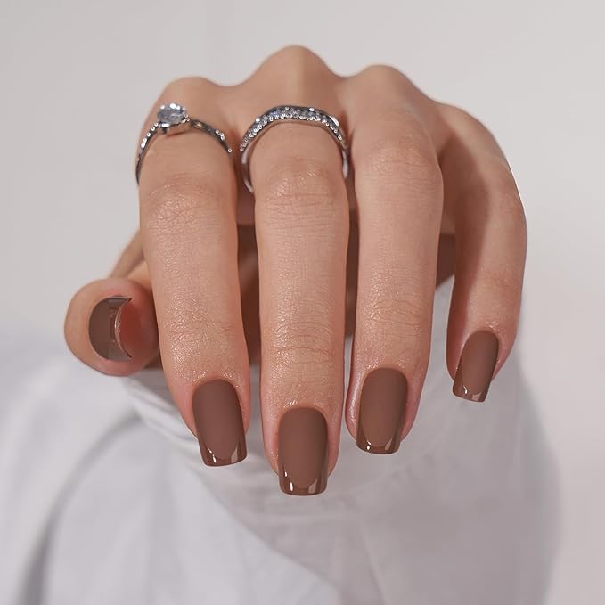 BTArtbox Press on Nails Short Square - Brown Nails with Glossy French Tips in A Matte Finish, Soft Gel Fake Nails Glue On Nails in 16 Sizes for Gift, Coffee Toffee