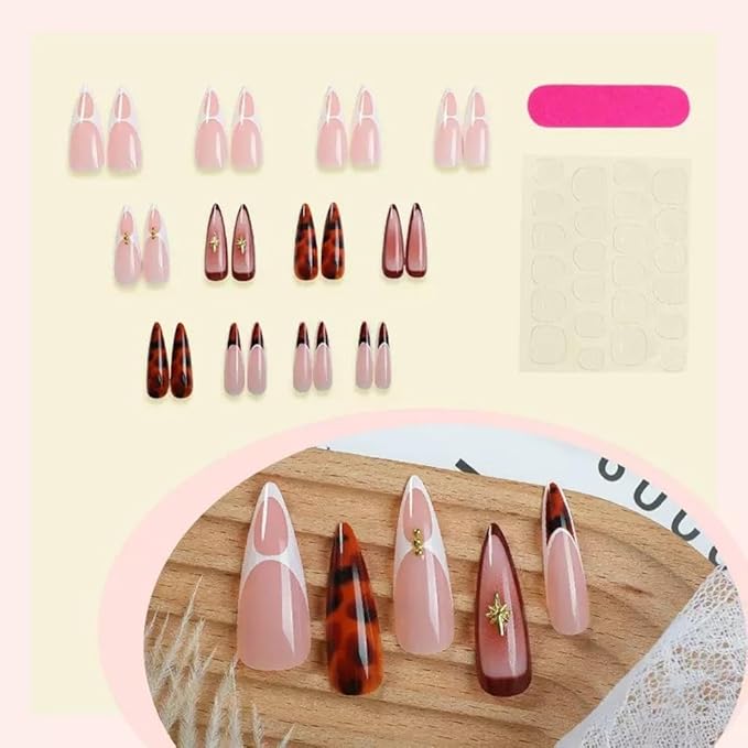 Stiletto Press on Nails Long Fake Nails French Tip with Brown Ombre Gold Starburst Design Glue on Glossy Acrylic Full Cover Stick on False Nails for Women 24 Pcs