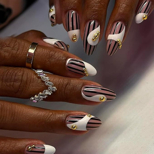 Long Almond Press on Nails Nude Pink and White Black Stripes Fake Nails with Gold Stick on Nail for Women 24pcs