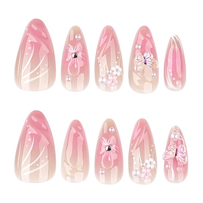 3D Handmade Press on Nails with Charms Almond Fake Nails 3D Butterfly Nail Art Charms False Nails Flower Pearl Rhinestones Crystal Acrylic Nail Reusable Glossy Glue on Nails for Women,24Pcs