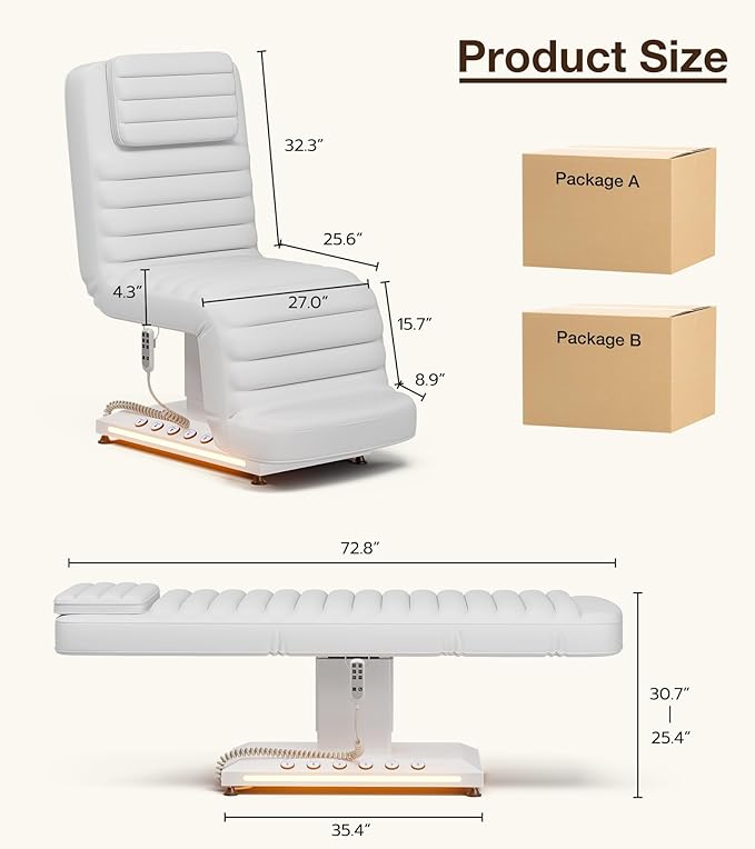 Paddie Professional Fully Electric Spa Chair, 3 Motor Esthetician Spa Bed with LED Light, Motorized Height & Angle Adjustable for Facial & Medical, 550lbs Capacity, White