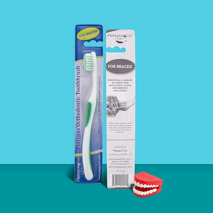 Platypus Orthodontic Toothbrush for Braces | Soft Bristle Braces Toothbrush for Adults & Kids | Angled Bristles for Better Access Around Brackets and Archwires, Comfort Silicone Grip | 2 Count