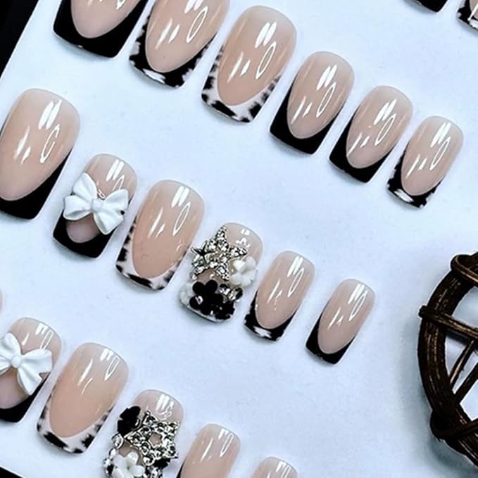24Pcs Black French Tip Square Press-on False Nails with Zebra Print, White Bow, Flower Rhinestones, Silver Star Designs, Full Cover Artificial Glue-on Nails