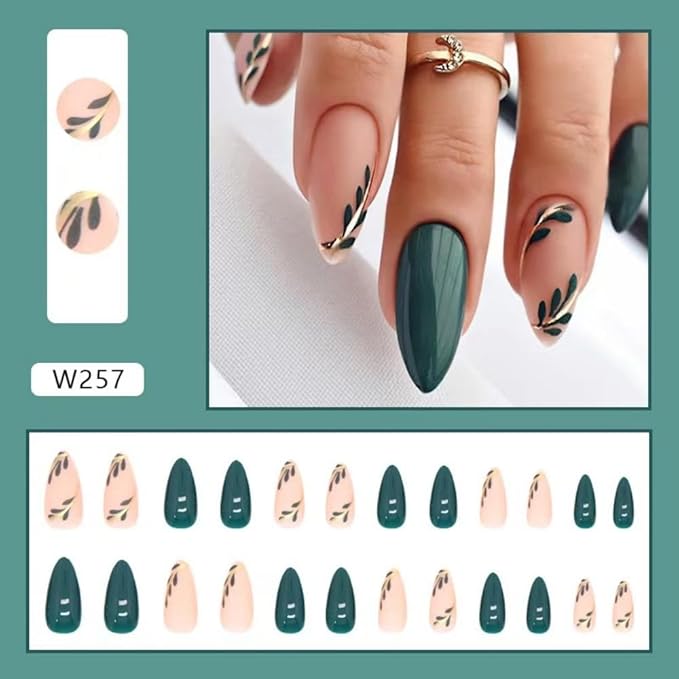 Green Press on Nails Short Almond Stick on Nails Nude Fake Nails with Leaf Design Glossy Full Cover False Nails Artificial Acrylic Nails for Women Girls Diamond Manicure 24Pcs