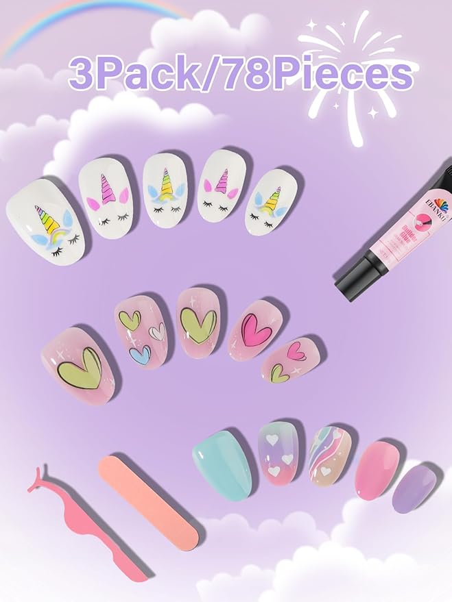 EBANKU 3 Pack Kid Fake Nail Kit, 78 Pieces Press on Nails for Kids Tricorn Press on Nail Short Artificial False Nail Kits for Girls 6-10 Years with Nail Glue