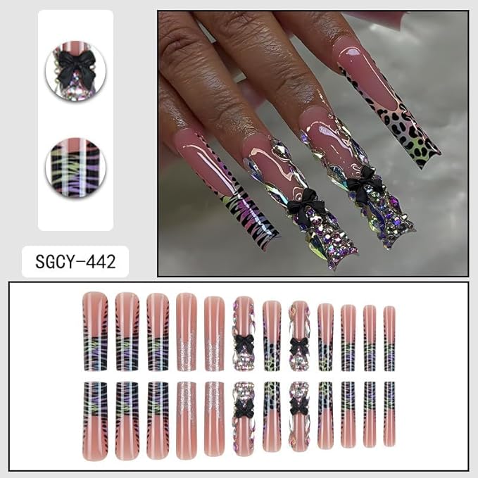 Long Press on Nails Square Fake Nails with Blakc Bow Designs XL Artificial Nail Leopard Stick on Nail Extra Long for Women 24pcs