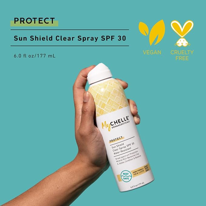 MyChelle Dermaceuticals Sun Shield Clear Spray SPF 30 (6 Fl Oz) - Liquid Zinc Sunscreen Spray with Bentonite Clay and Jojoba - Balances Oil Levels and Conditions Skin - Water Resistant for 80 Minutes