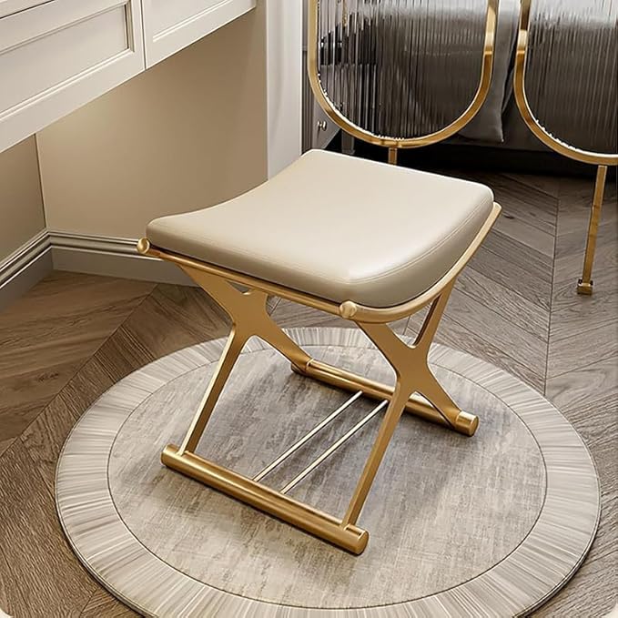Luxury Modern Vanity Stool with Gold X-Frame Metal Legs, Cream Leather Ottoman Bench Seat for Bathroom, Living Room, Makeup, 17.72 x 14.96 inches (Gold)