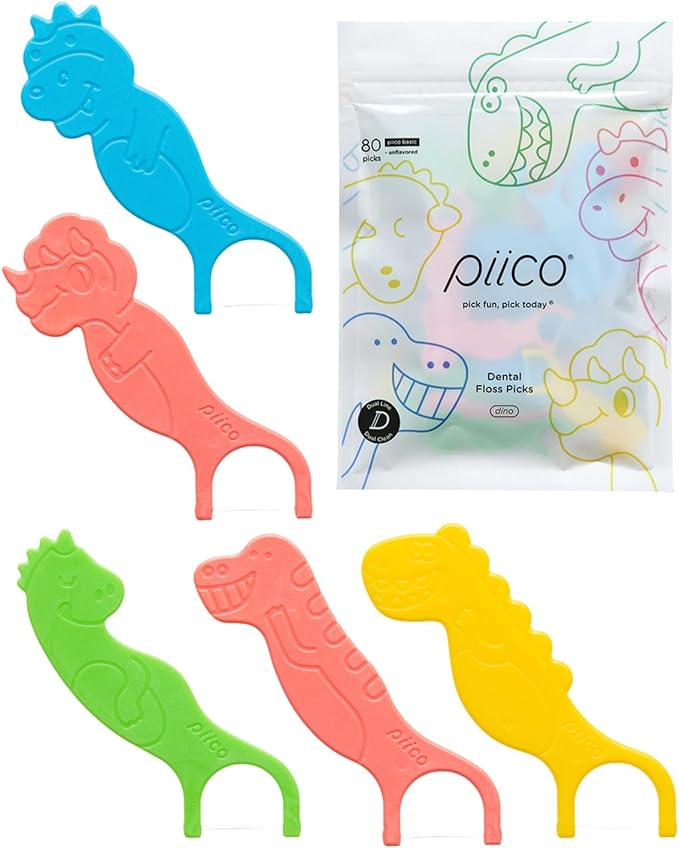 Piico Unflavored Kids Floss - No Fluoride Dual Line Dental Floss Picks - Fun Oral Care in Colorful Floss Sticks Design - Kids Flossers Avoid Tooth Decay & Gum Disease - 80 Count Dino
