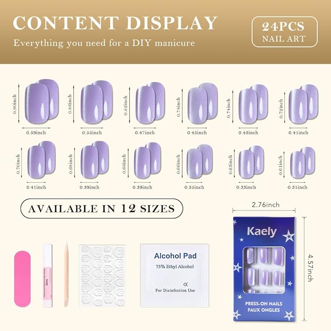 Orchid Purple Cat Eye Press on Nails Medium Square, Medium Square Press Glue on Nails Chrome for Women Gift, Orchid Holographic Glitter Glossy Reusable Gel Acrylic Fake Nail with Designs Cateye Effect