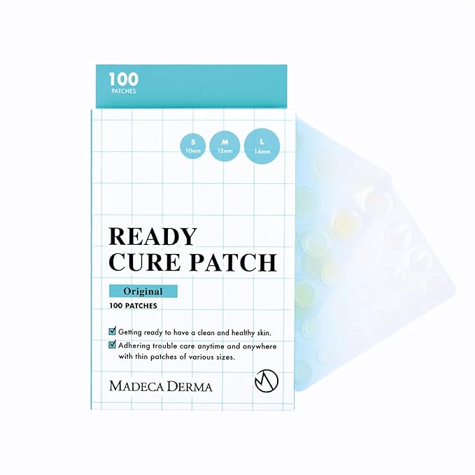 MADECA DERMA Ready Cure Patch Original – Hydrocolloid Acne Patches, Large Pack for Long-Term Use, Multi-Size for Spot, Pimple, Zits & Blemishes Coverage, Ideal for Daily Use (100 Patches / 10,12,14mm)