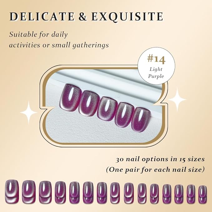 evpct Light Purple Cat Eye Extra Short Press on Nails Square, Petite Short Square Glue on Nails for Women Gift, Magenta Purple Holographic Glitter Glossy Reusable Gel Press on Acrylic Fake Nail