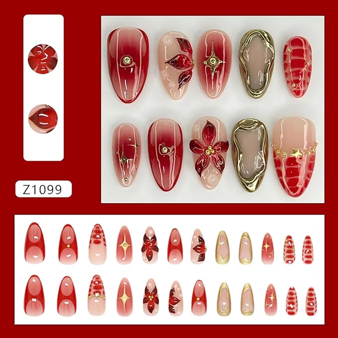24Pcs Fall Press on Nails Medium Almond French Tip Fake Nails Gold Star Bead with Red Flower Rhinestones Glitter Designs Red Full Cover Tips Glue on Nails Autumn False Nails for Acrylic Manicure Tips