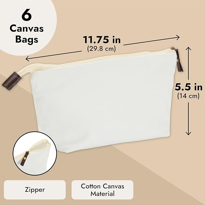 Juvale 6 Pack Canvas Makeup Bags with Zipper - 11.75 x 5.5 In White Cotton Canvas Makeup Bag Set for Toiletries and DIY Crafts
