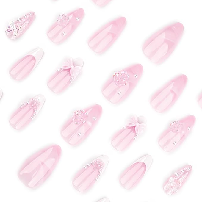 French Tip Press on Nails Medium Almond Fake Nails Bow Flowers False Nails Nude Pink Acrylic Nails with Designs Pearl Glue on Nails Artificial Nails for Women Girls Manicure Art Decoration