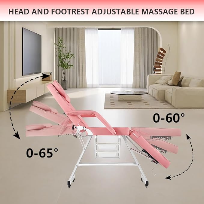 Tattoo Chair for Client Facial Chair with Wheels 73inch Adjustable Tattoo Bed for Artist Massage Table with Stool Facial Bed for Spa Beauty Pink