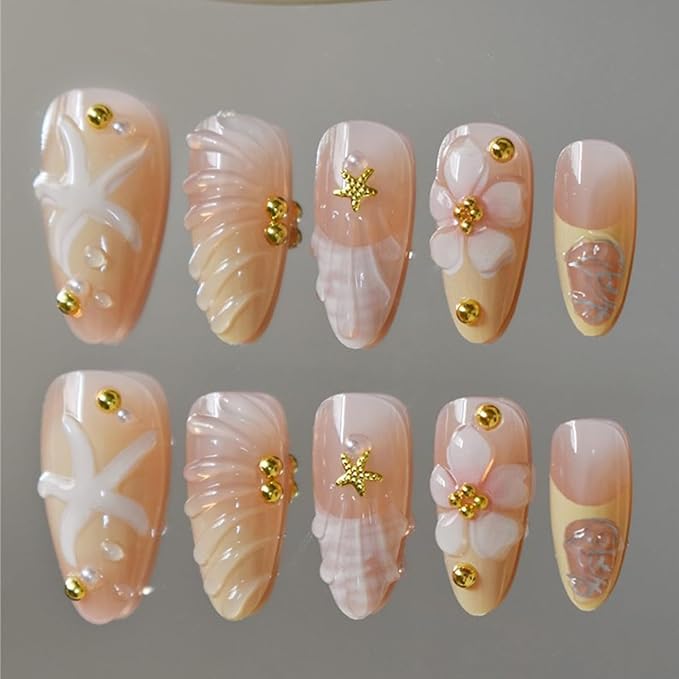 24Pcs Handmade Press on Nails Almond Medium Fake Nails with Gold Bead Starfish Charms Design Glossy Summer Glue on Nails 3D Flower Acrylic Nails Yellow Artificial French Tip Stick on Nails for Women