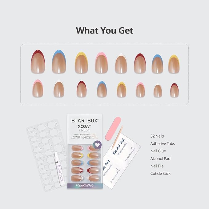 BTArtbox Press On Nails Short - Lamp-Curable Summer Colorful French Tip Almond Press On Nails with Glue for Women, Semi-Transparent Soft Gel Glue On Nails in 16 Sizes - 32 Stick On Nails Kit, Cha-Cha