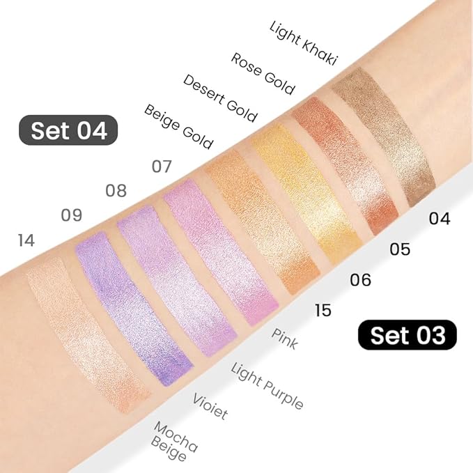 Kaely 4Pcs Metallic Shimmer Eye Shadow Sticks Set, Pink Light Purple Vioiet Mocha Beige, Eyeliner Pencil Eyeshadow Palette Halloween Makeup, Eye Highlighter Brightener Stick for Women