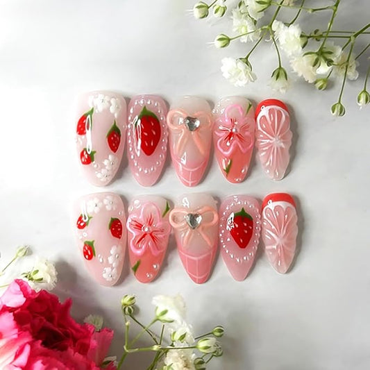 24Pcs Cute Strawberry Press on Nails Medium Almond Fake Nails with Pearl Rhinestone Stick on Nails Full Cover Pink French Tip Acrylic Nails Reusable Fall Flower False Nail Tips for Women Nail Design