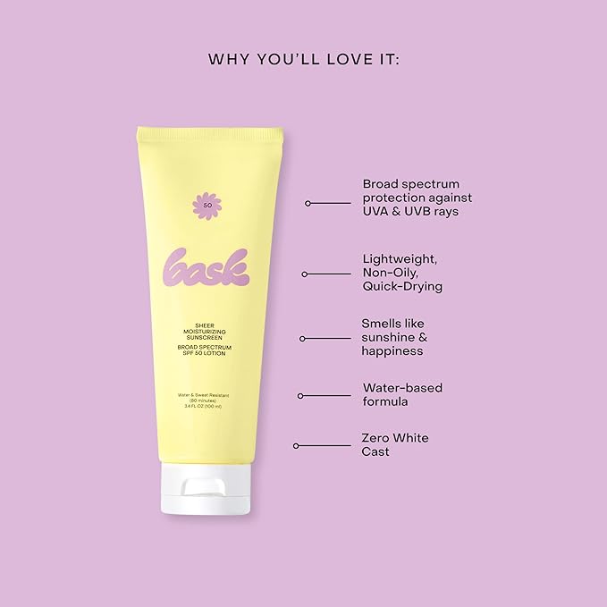 Bask Suncare SPF 50 Sheer Moisturizing Sunscreen Lotion - Broad Spectrum UVA/UVB Protection, Dermatologist Recommended, Hydrating, Lightweight & Non-Greasy, Travel Size (Value Pack of 3)