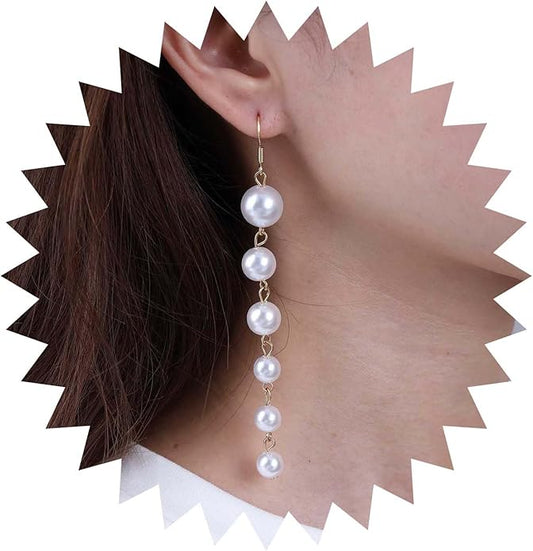 Boho Long Pearl Drop Earrings Vintage Gold Tassel Pearl Dangle Earrings Statement Pearl Chain Drop Dangle Earrings Wedding Prom Bridal Pearl Hook Earrings Jewelry for Women