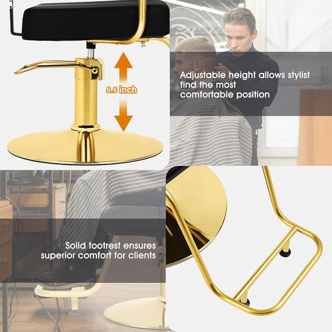 Artist hand Salon Chair for Hair Stylist, Hydraulic Barber Chair 360° Swivel Hair Stylist Chair, Thick Seat with Foot Rest Comfortable Salon and Spa Beauty Equipment Black and Gold