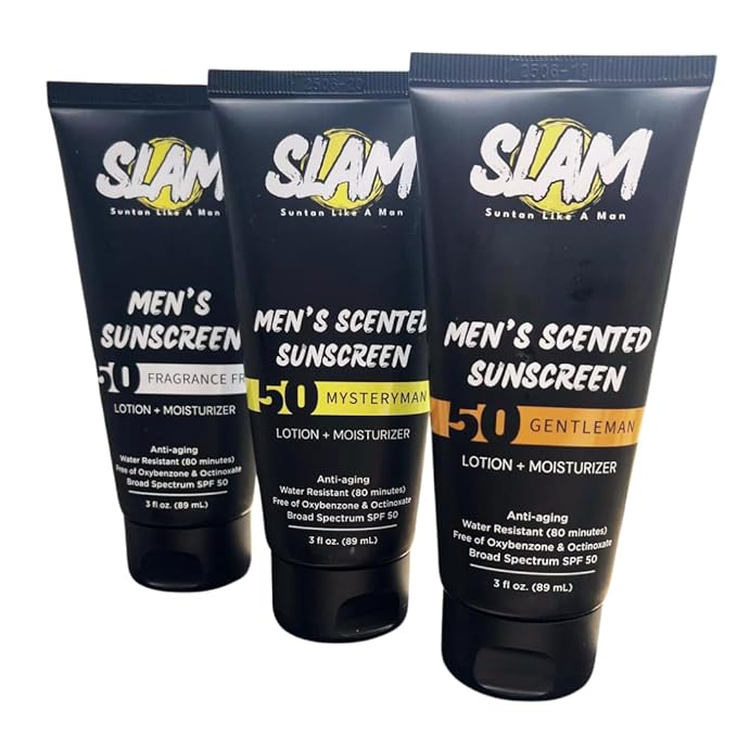 SLAM Men's Sunscreen Lotion SPF 50 & Moisturizer – Face & Body Sunblock, Anti-Aging, Water-Resistant, Hawaii Act 104 Safe, Skincare for Men, Scented & Unscented – 3 fl oz. each- Trio pack.