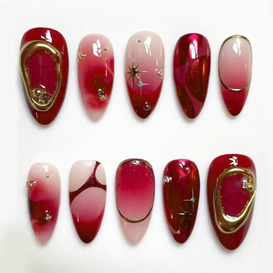 30pcs Deep Red Press on Nails Medium Almond French Fake Nails Stick on Nails Full Cover Artificial Glue on Nails Beautiful Fake nails Kit,Wine Red Nude Color Nail Art, Suitable for Women DIY Manicure