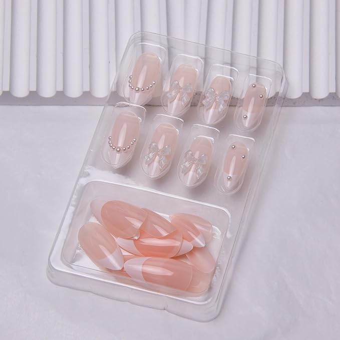French Tip Press on Nails Medium Almond Fake Nails White Bow False Nails Glossy Pearl Acrylic Nails with Designs Bow Charm Artificial Nails Glue on Nails for Women Girls Manicure Art