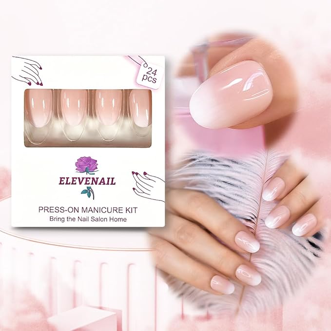 Press On Nails Nude Pink White Gradient French False Nail Art Tips Salon Women Girls DIY Manicure Reusable Acrylic Medium Length Almond Stick On Fake Nails for Daily Office Home Party