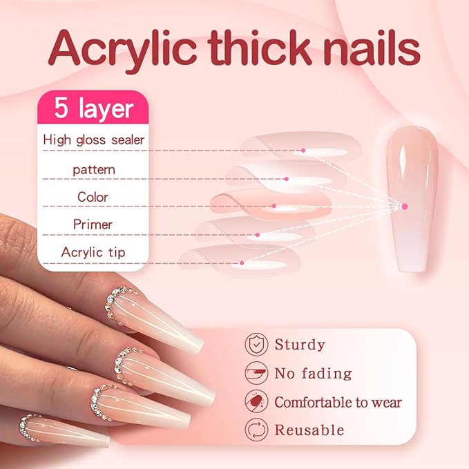 Yivaiks Press-on Nails, 24pcs Ballerina Bling Acrylic Nails Kit, Rhinestones Coffin Nails with Designs, Full Cover Artificial Nails, 12 Sizes, Ideal for Occasions, Gifts, Temporary Use