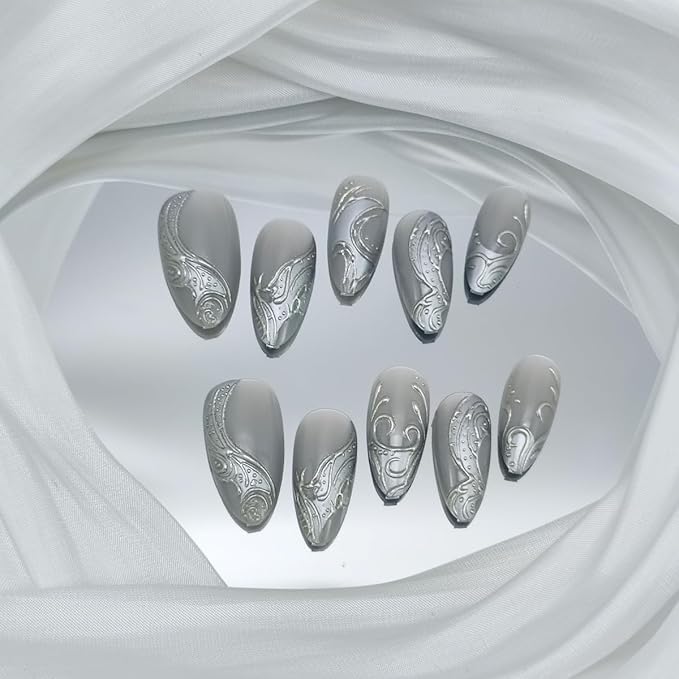 Silver Press on Nails Medium Almond Fake Nails Y2k Silver Irregular Chrome Designs Goth False Nails French Tip Full Cover Acrylic Stick on Nail Halloween Glue on Nails for Women DIY Manicure 24Pcs