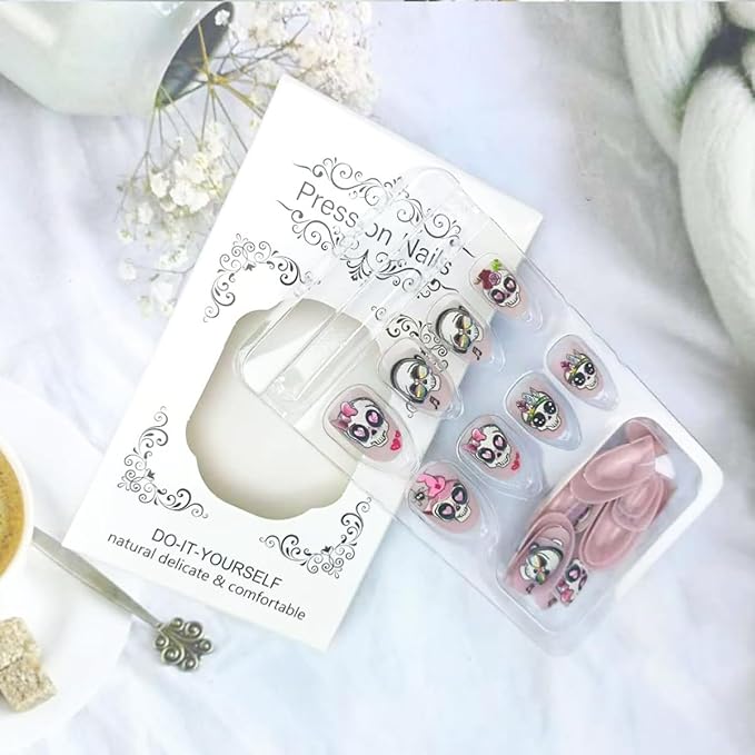 Pink Halloween Press on Nails Medium Almond Fake Nails Gothic Halloween False Nails with Rose Bow Design Cute Skeleton Stick on Nail Goth Acrylic Nail for Women DIY Manicure Decorations 24Pcs