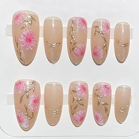 30Pcs Pink Flower Press on Nails Medium Almond Fake Nails with Gilding Branch Design 3D Full Cover Artificial Glue on Nails Spring Summer False Nails Cute Stick on Nails Handmade Nail Kit for Women