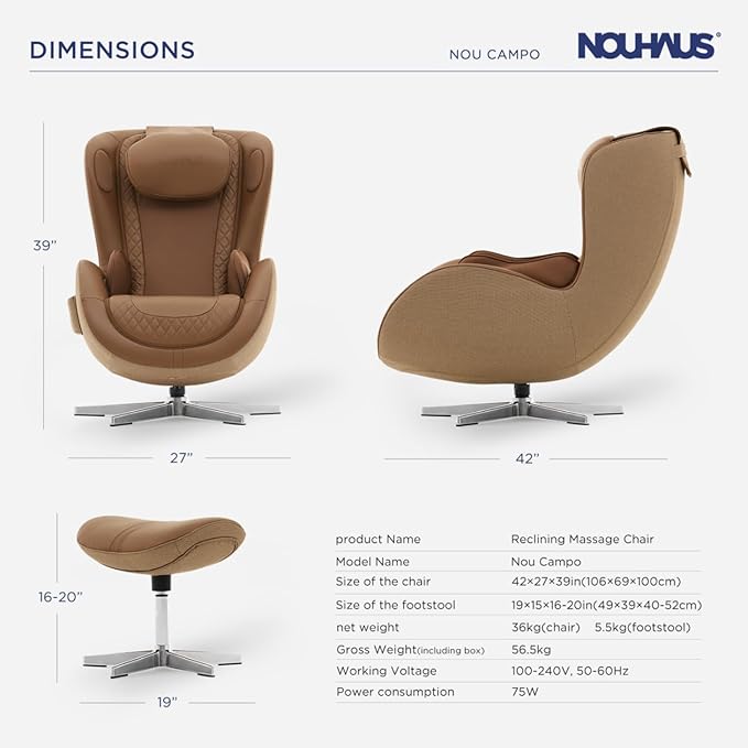 Nouhaus NOU Campo Heated Massage Chair,Full Body Massaging Zero-Gravity Leisure Recliner with Low-Noise 3D Massage and Dual Sound Systems Modern Massage Chairs (Dark Caramel)