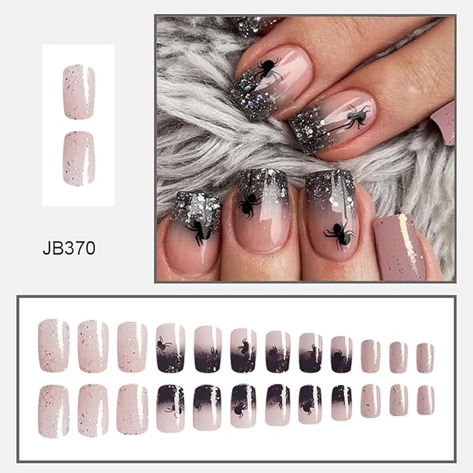 24Pcs Halloween Press on Nails Short Square Spider Web Fake Nails Black Spider with Glitter Tips Full Cover Glue on Nail French Tip False Nails Cute Halloween Stick on Nail for Girls Acrylic Nails