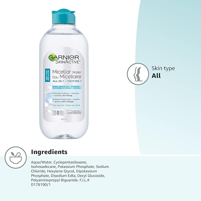 Garnier Micellar Water For Waterproof Makeup, Hydrating Facial Cleanser & Makeup Remover, Suitable for Sensitive Skin, Vegan, Cruelty Free, 13.5 Fl Oz (400mL), 1 Count