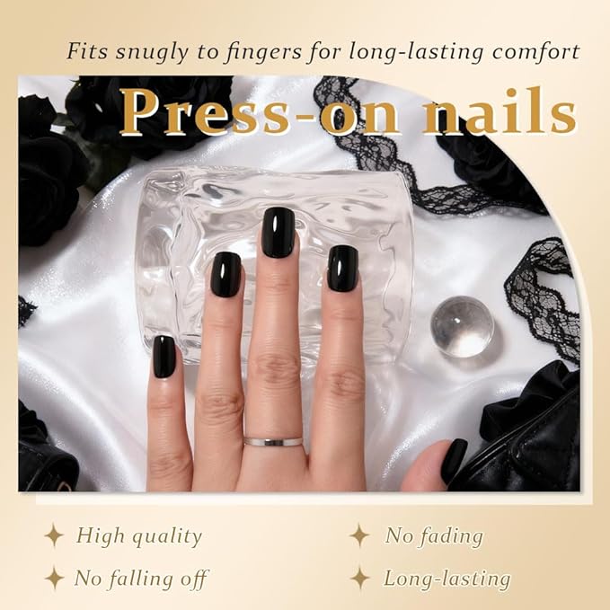 evpct Black Short Squoval Glossy Press on Nails for Women Gift, Glossy Black Fake Nail with Nail Glue Manicure Kit, Soft Gel Full Cover Reusable Stick on Glue on Acrylic False Nails Perfectly Fit