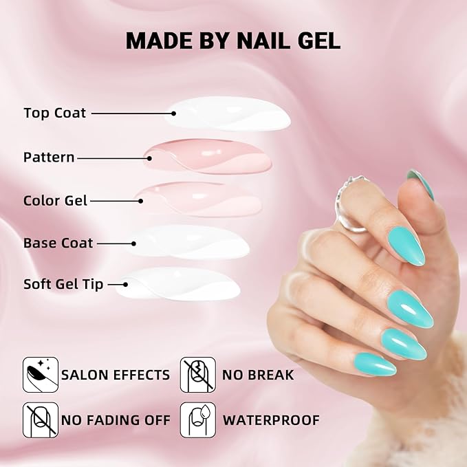 WOOYAS Press on Nails Medium-Trquoise Solid Color Glossy Fake Nails Press Ons Almond Shape, Glue on Nails for Women and Girls Daily Wear in 24PCS