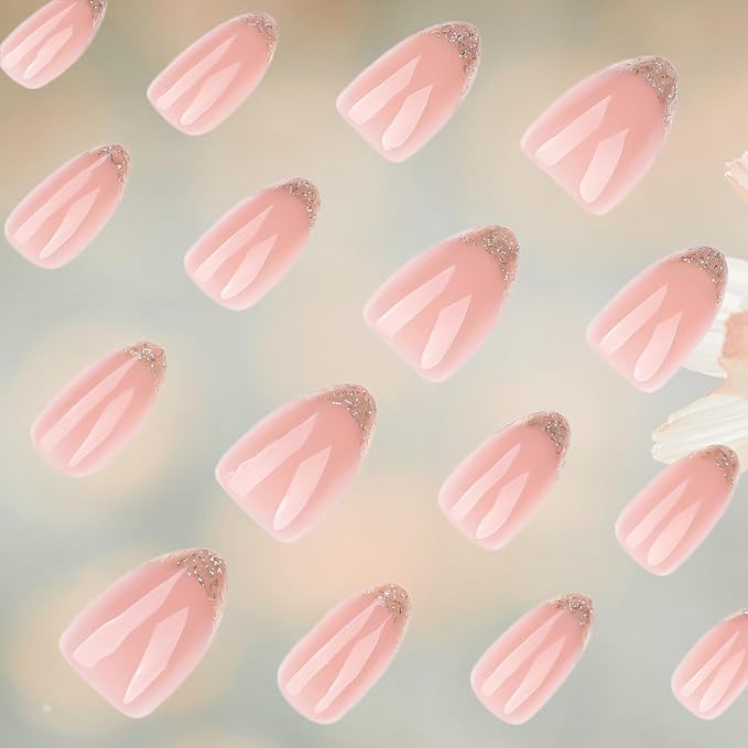 French Tips Medium Almond False Nail Simple Press on Nails Glossy Gold Glitter Stick on Nail 24Pcs Sparkly Gel Glue on Fingernails Acrylic Full Cover Fake Nails for Holiday Manicure Art